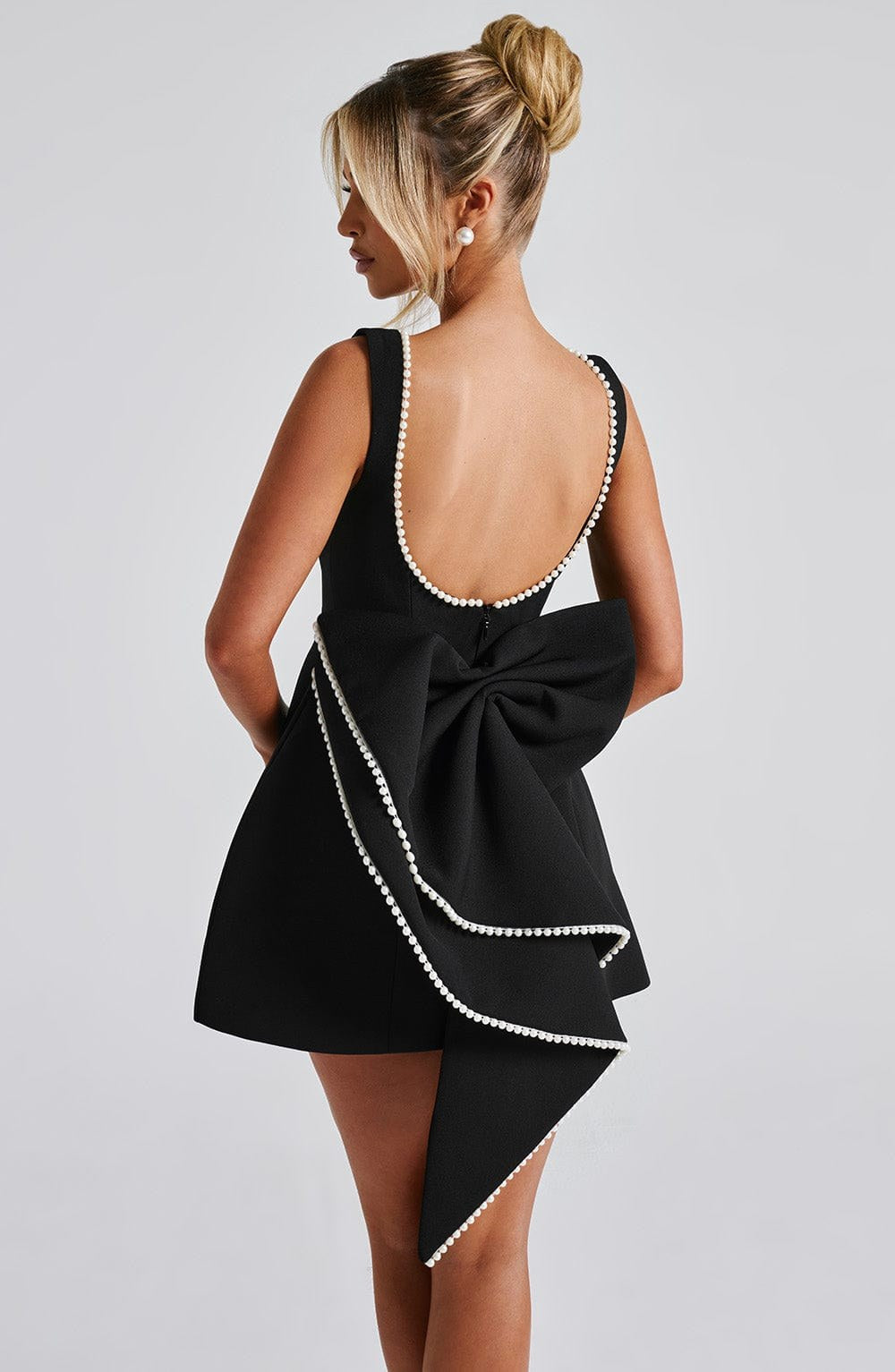 Noemie | Women's A-Line Mini Dress with Pearl Trim, Wedding Guest Dress | Bella Blue