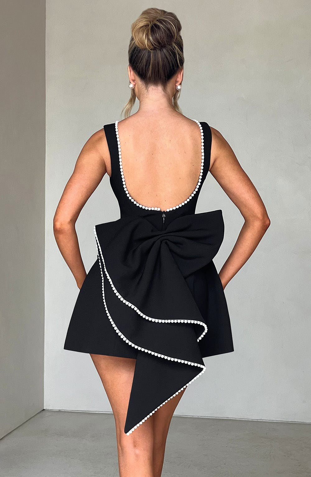 Noemie | Women's A-Line Mini Dress with Pearl Trim, Wedding Guest Dress | Bella Blue