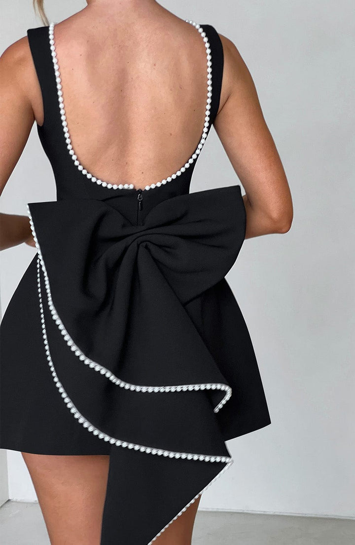 Noemie | Women's A-Line Mini Dress with Pearl Trim, Wedding Guest Dress | Bella Blue