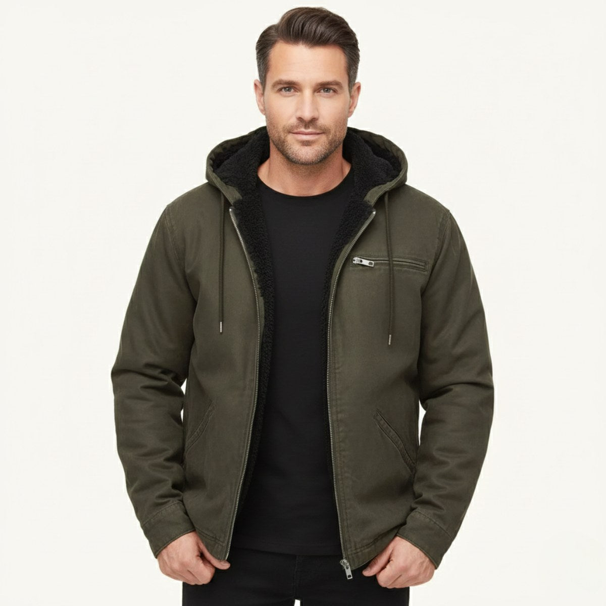 Nolan | Men's Fleece-Lined Hooded Jacket, Retro Autumn Jacket | Bella Blue | Black