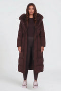 Nora | Women's Long Padded Winter Coat, Hooded Faux Fur Collar Jacket | Bella Blue | Brown