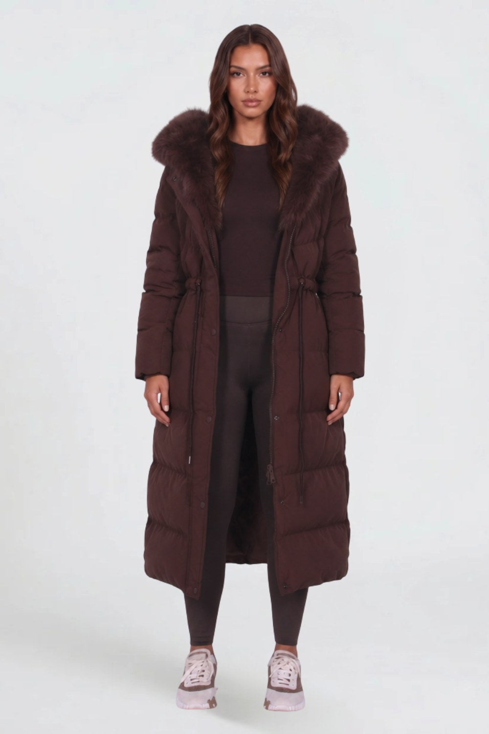 Nora | Women's Long Padded Winter Coat, Hooded Faux Fur Collar Jacket | Bella Blue | Brown