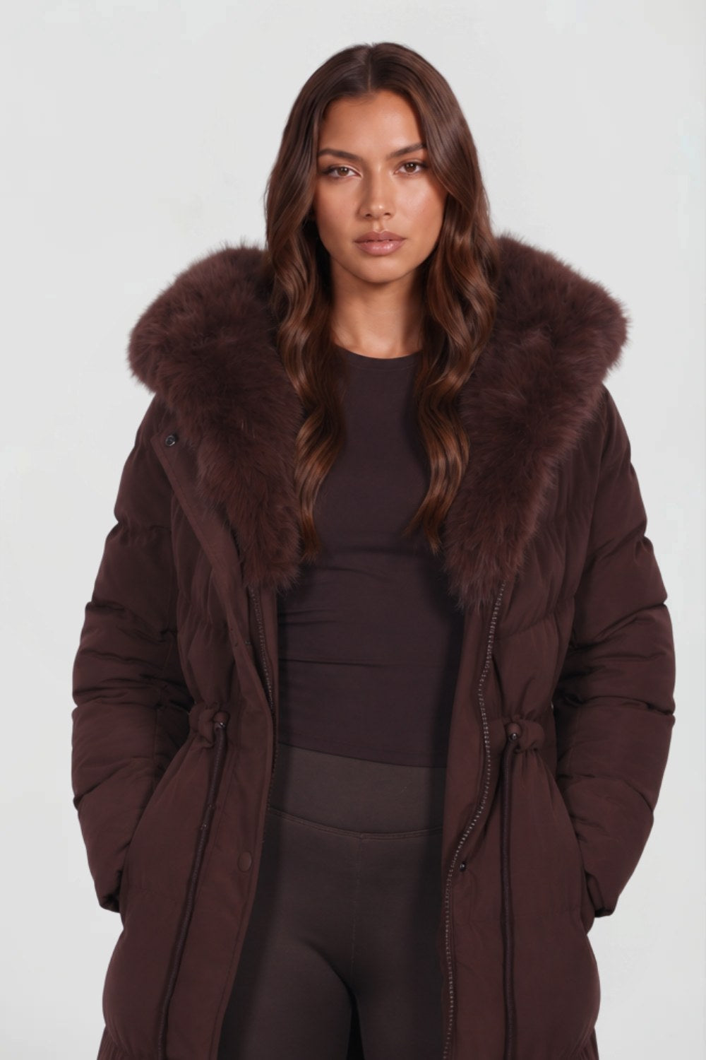 Nora | Women's Long Padded Winter Coat, Hooded Faux Fur Collar Jacket | Bella Blue