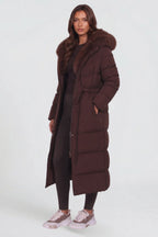 Nora | Women's Long Padded Winter Coat, Hooded Faux Fur Collar Jacket | Bella Blue
