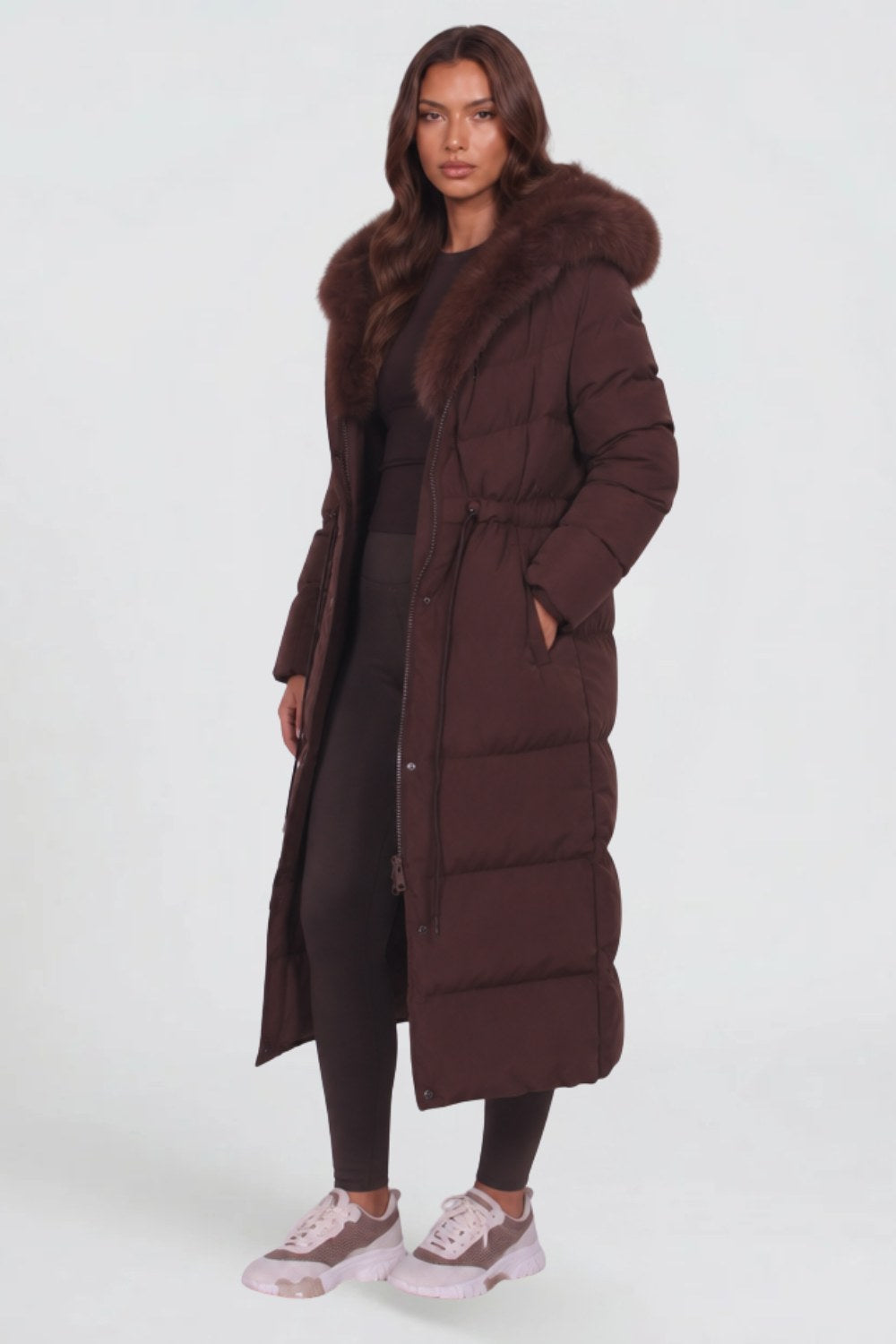 Nora | Women's Long Padded Winter Coat, Hooded Faux Fur Collar Jacket | Bella Blue