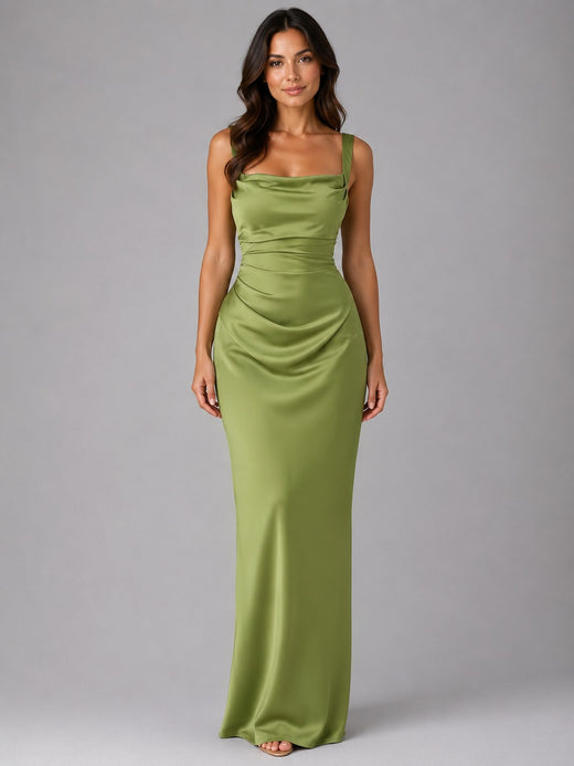 Nora | Women's Satin Maxi Dress with Ruched Waist, Sculpted Evening Dress | Bella Blue | Green