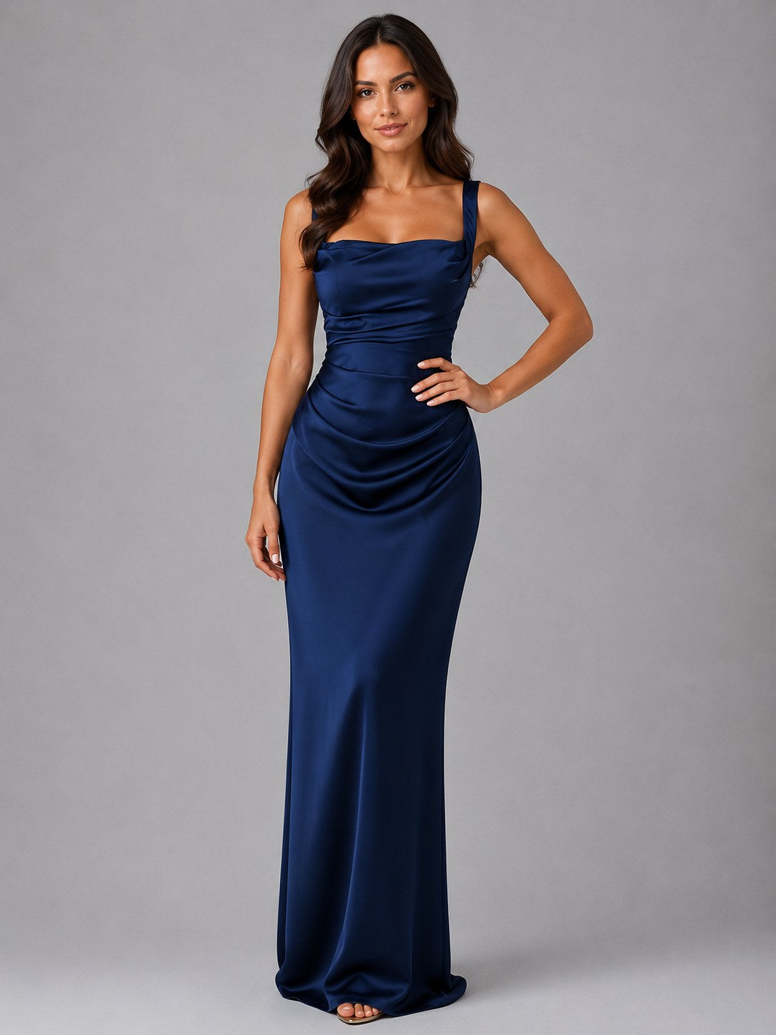 Nora | Women's Satin Maxi Dress with Ruched Waist, Sculpted Evening Dress | Bella Blue