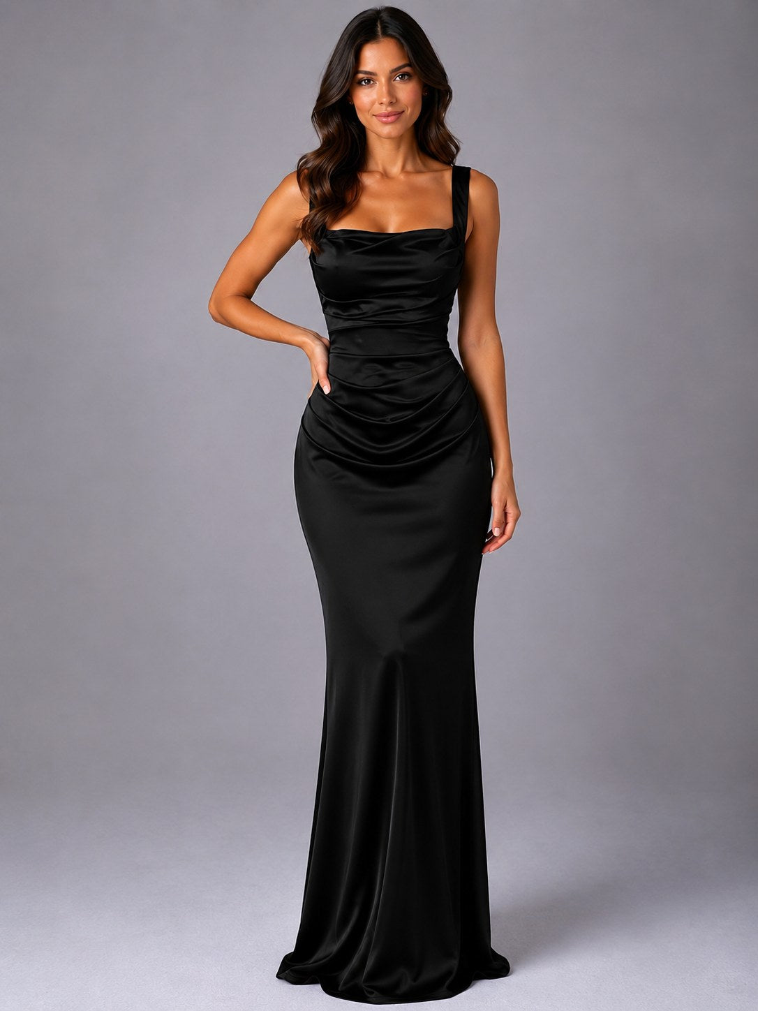 Nora | Women's Satin Maxi Dress with Ruched Waist, Sculpted Evening Dress | Bella Blue