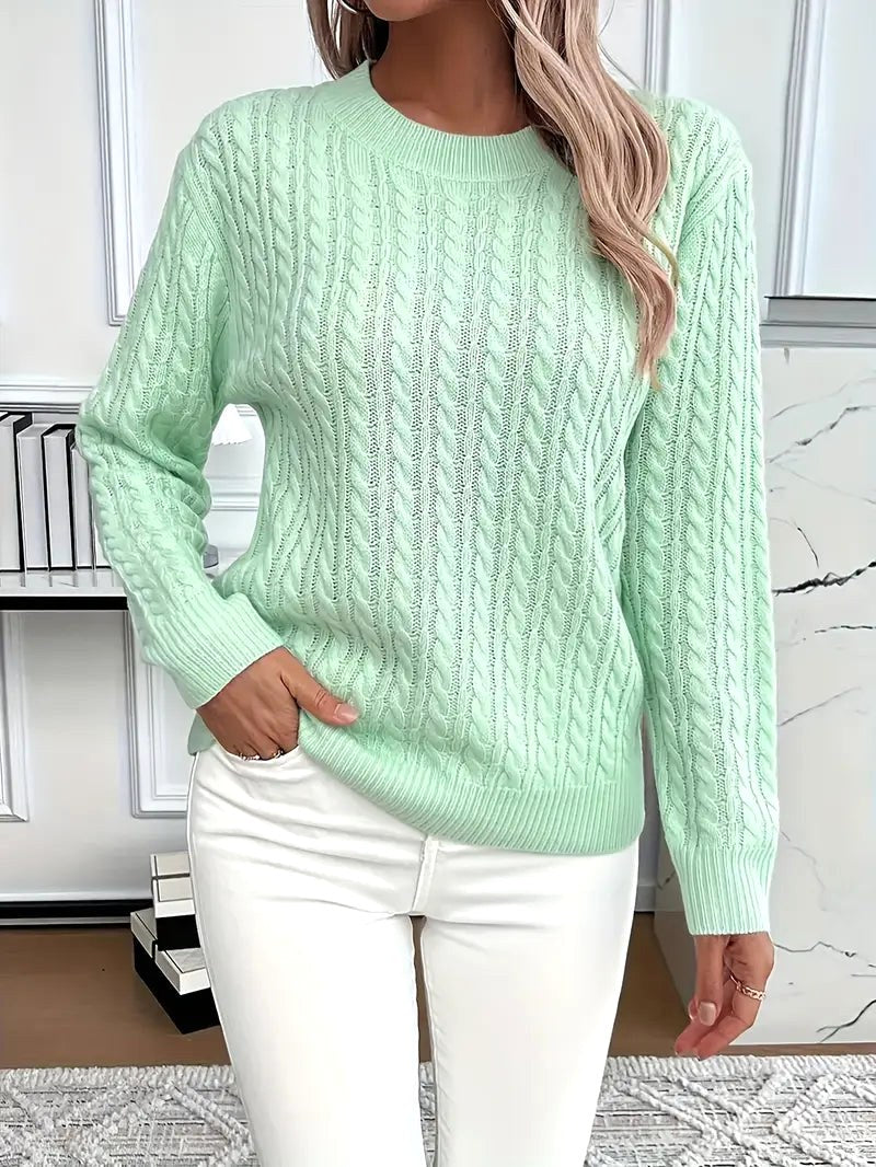 Odile | Women's Long Sleeve Cable Knit Jumper, Textured Autumn Sweater | Bella Blue | Light Green
