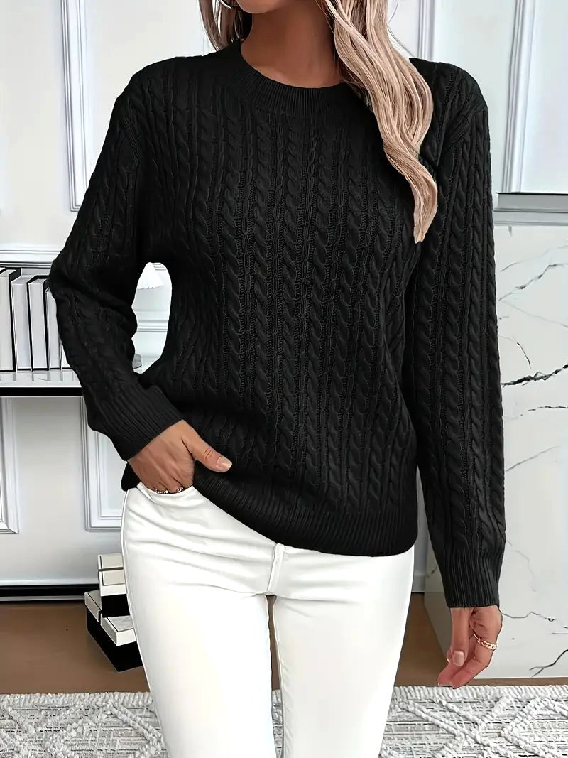 Odile | Women's Long Sleeve Cable Knit Jumper, Textured Autumn Sweater | Bella Blue | Black