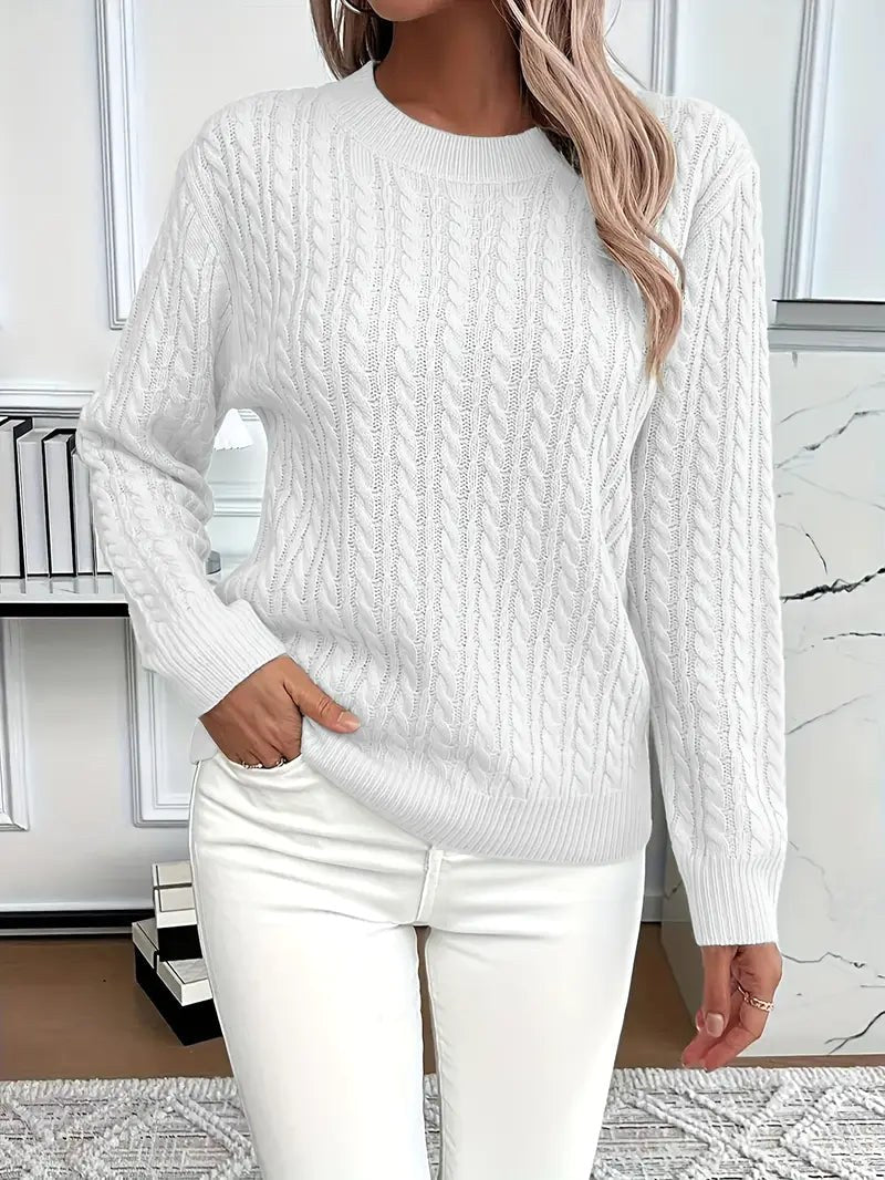 Odile | Women's Long Sleeve Cable Knit Jumper, Textured Autumn Sweater | Bella Blue | White