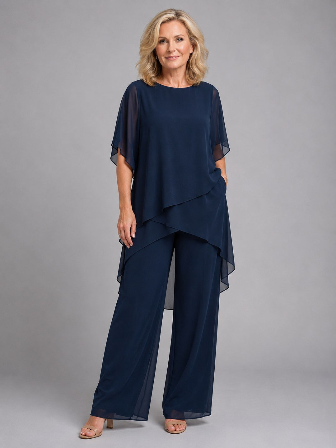 Olive | Women's Chiffon Two-Piece Set, Wide-Leg Trousers Lounge Set | Bella Blue | Navy