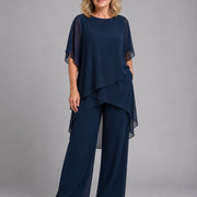 Olive | Women's Chiffon Two-Piece Set, Wide-Leg Trousers Lounge Set