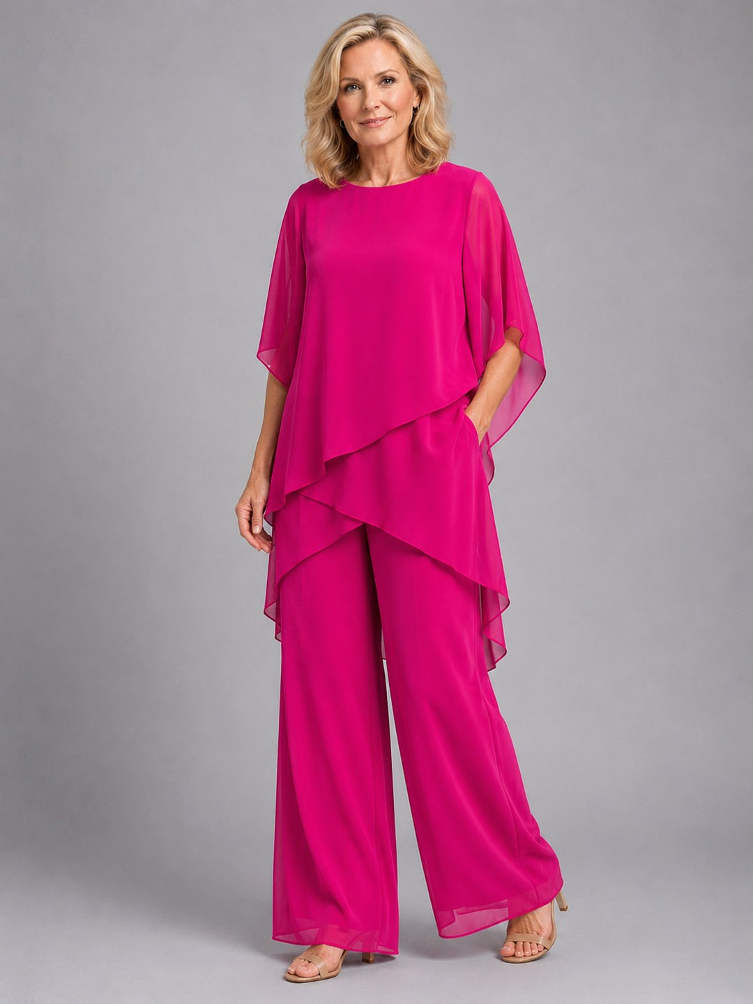 Olive | Women's Chiffon Two-Piece Set, Wide-Leg Trousers Lounge Set | Bella Blue