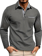 Oliver | Men's Long-Sleeved Polo Shirt, Checked Collar Smart Polo | Bella Blue | Grey