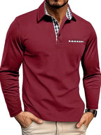 Oliver | Men's Long-Sleeved Polo Shirt, Checked Collar Smart Polo | Bella Blue | Bordeaux red