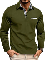 Oliver | Men's Long-Sleeved Polo Shirt, Checked Collar Smart Polo | Bella Blue | Olive Green