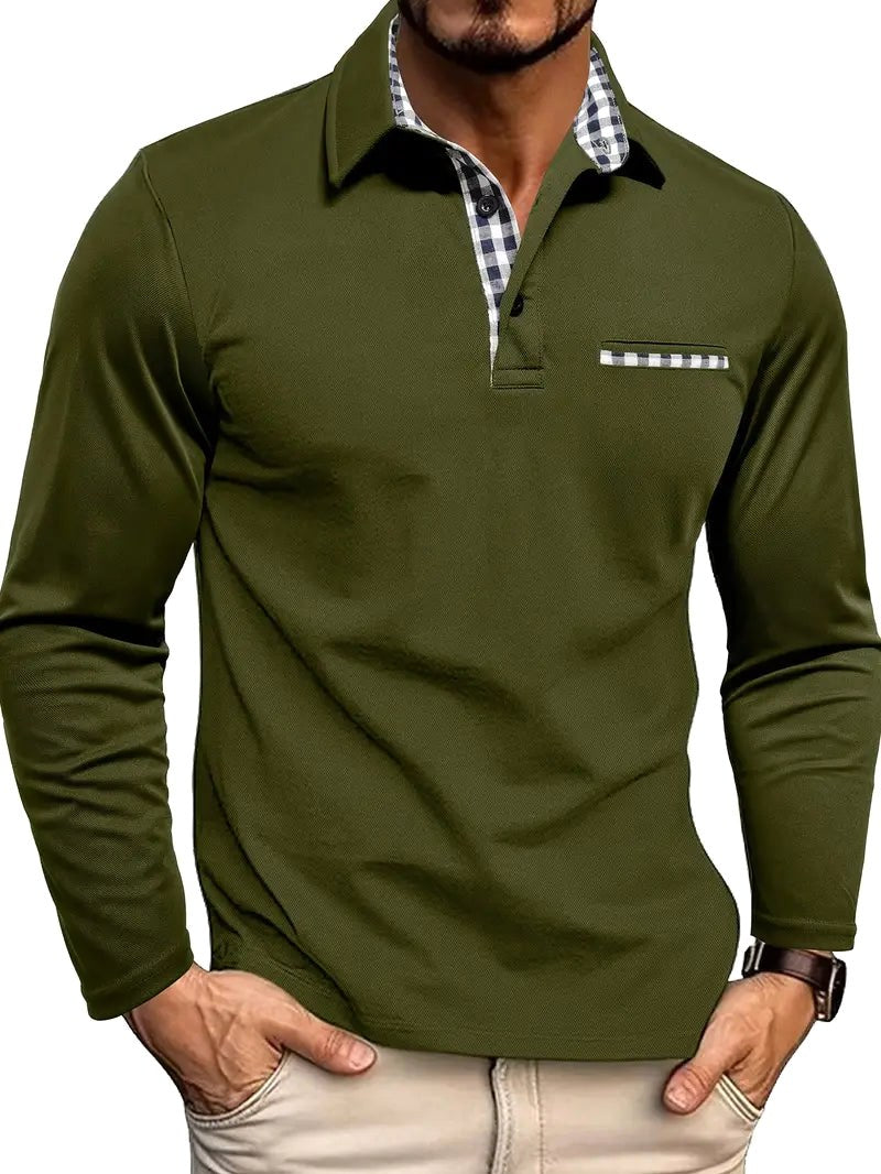 Oliver | Men's Long-Sleeved Polo Shirt, Checked Collar Smart Polo | Bella Blue | Olive Green
