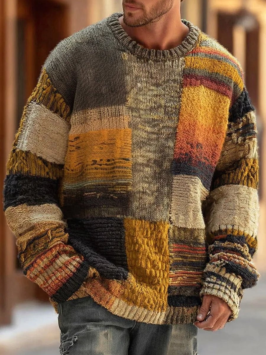 Oliver | Men's Patchwork Knit Jumper, Long Sleeve Autumn Jumper | Bella Blue | Mustard Patchwork