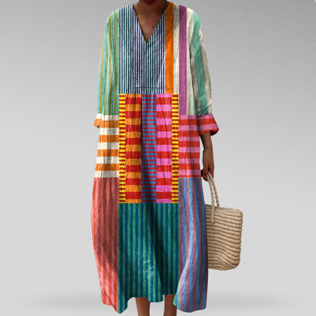 Olivia | Women's Linen Colourblock Stripe Oversized Maxi Dress - image 1