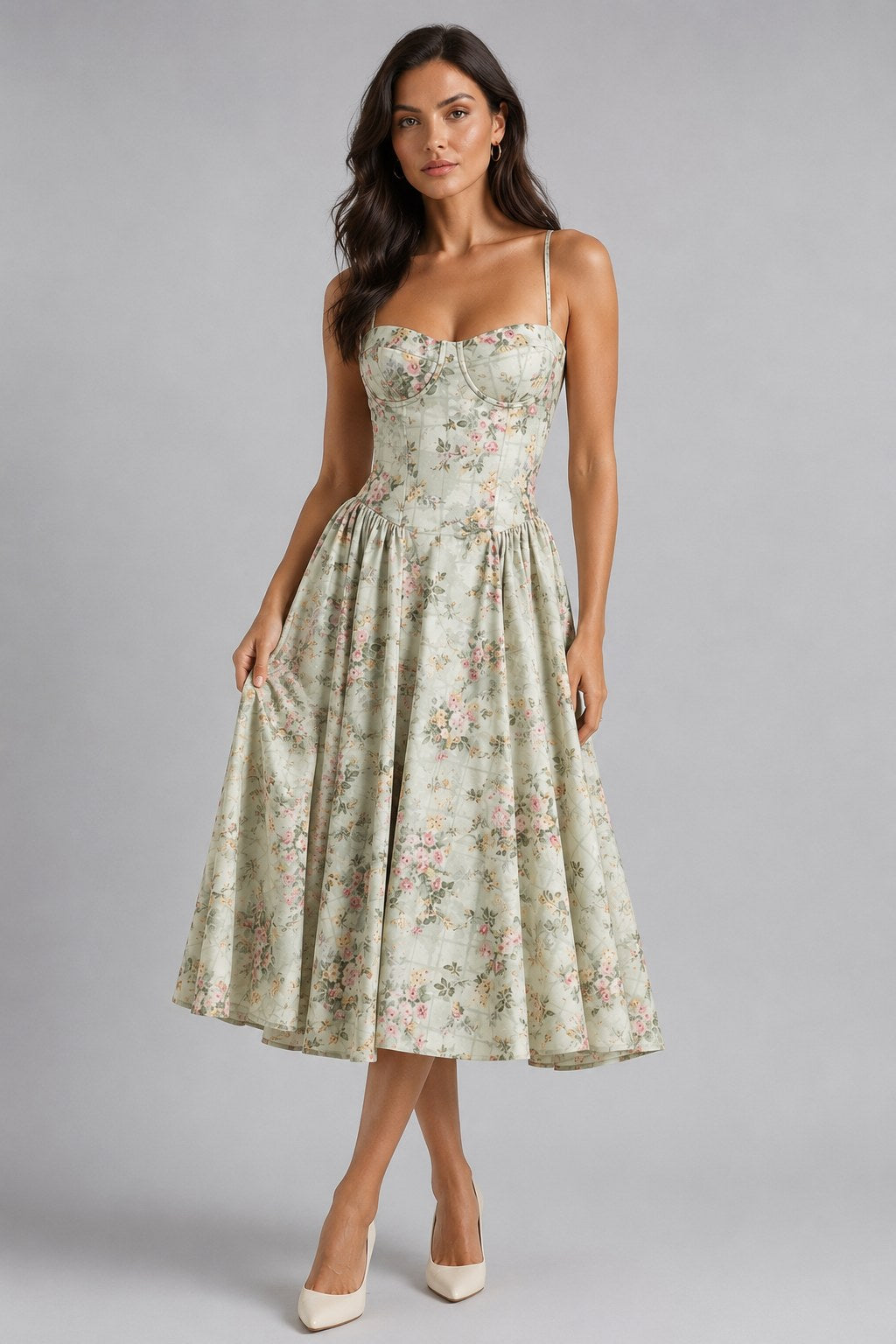 Orla | Women's Floral Corset Midi Dress, Sweetheart Neck Wedding Guest Dress | Bella Blue | Green