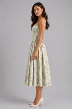 Orla | Women's Floral Corset Midi Dress, Sweetheart Neck Wedding Guest Dress | Bella Blue | Cream