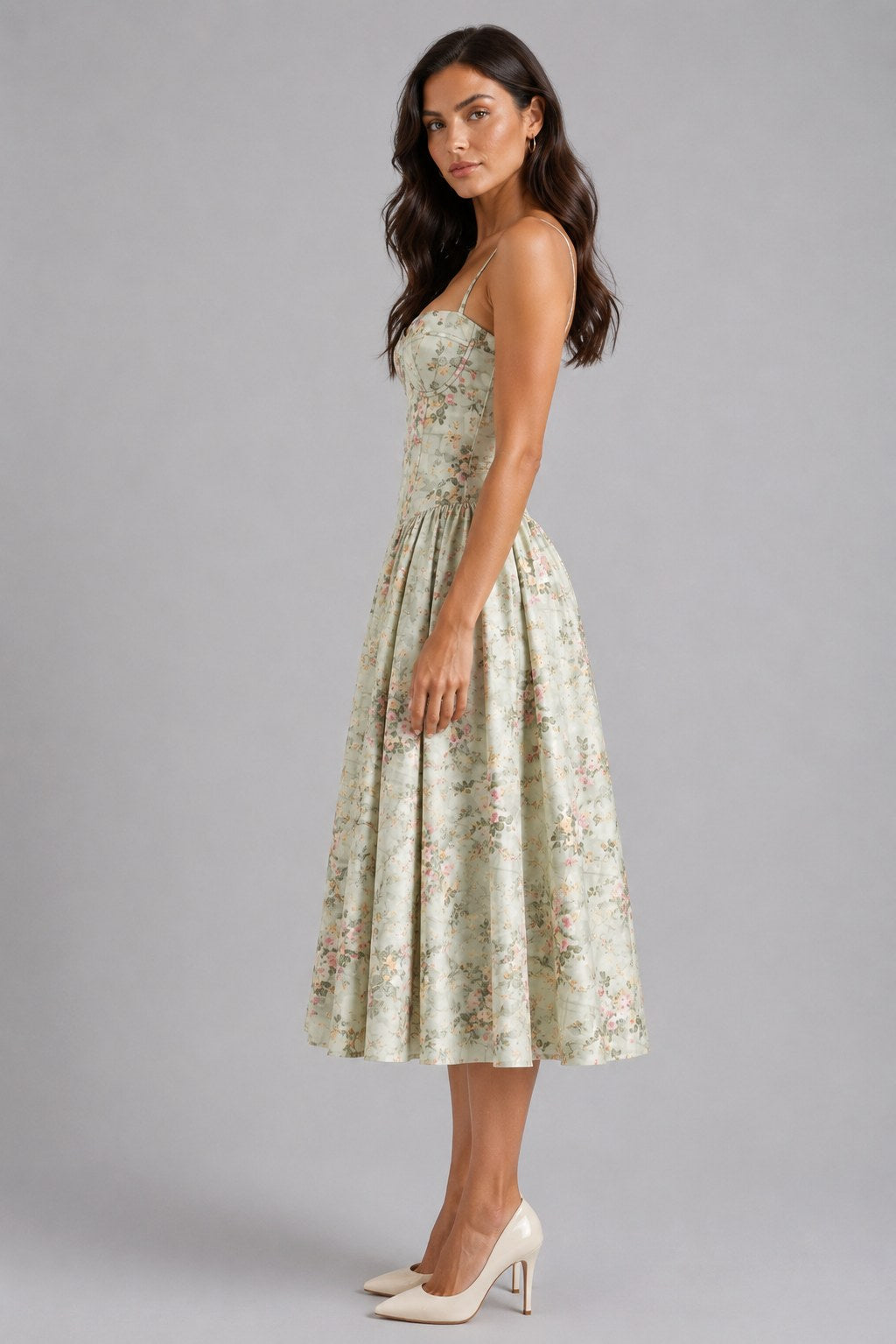 Orla | Women's Floral Corset Midi Dress, Sweetheart Neck Wedding Guest Dress | Bella Blue | Cream