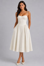 Orla | Women's Floral Corset Midi Dress, Sweetheart Neck Wedding Guest Dress | Bella Blue