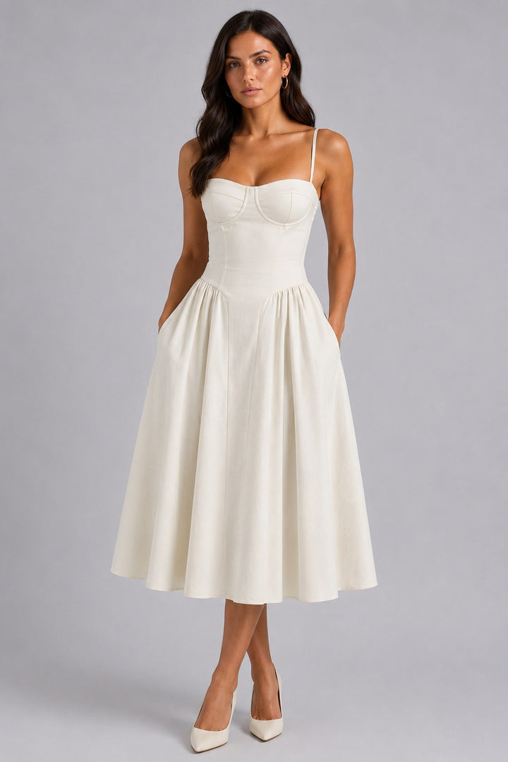 Orla | Women's Floral Corset Midi Dress, Sweetheart Neck Wedding Guest Dress | Bella Blue