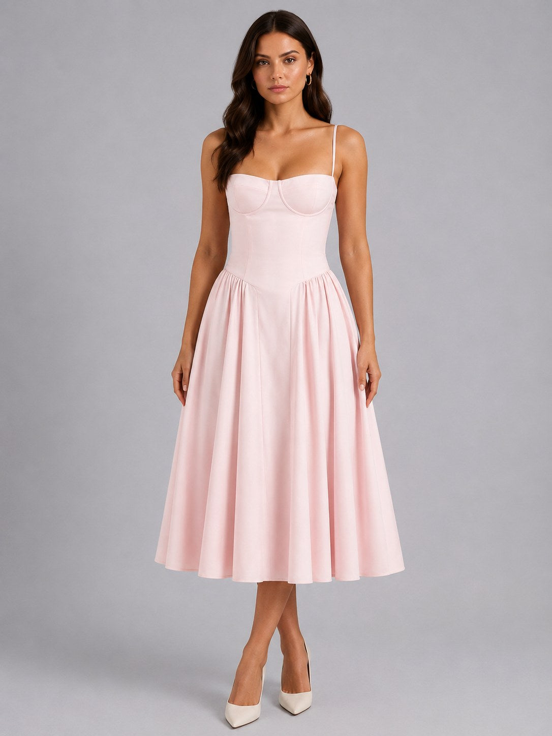 Orla | Women's Floral Corset Midi Dress, Sweetheart Neck Wedding Guest Dress | Bella Blue