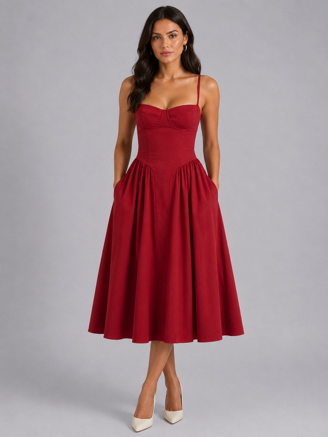 Orla | Women's Floral Corset Midi Dress, Sweetheart Neck Wedding Guest Dress | Bella Blue