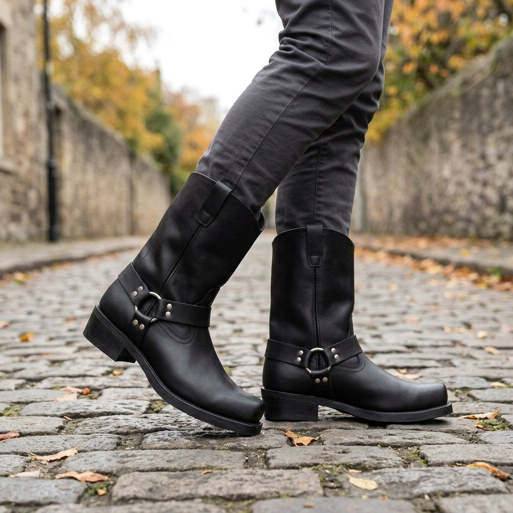 Oswin | Men's Mid-Calf Cowboy Boots, Harness Style Western Boots | Bella Blue