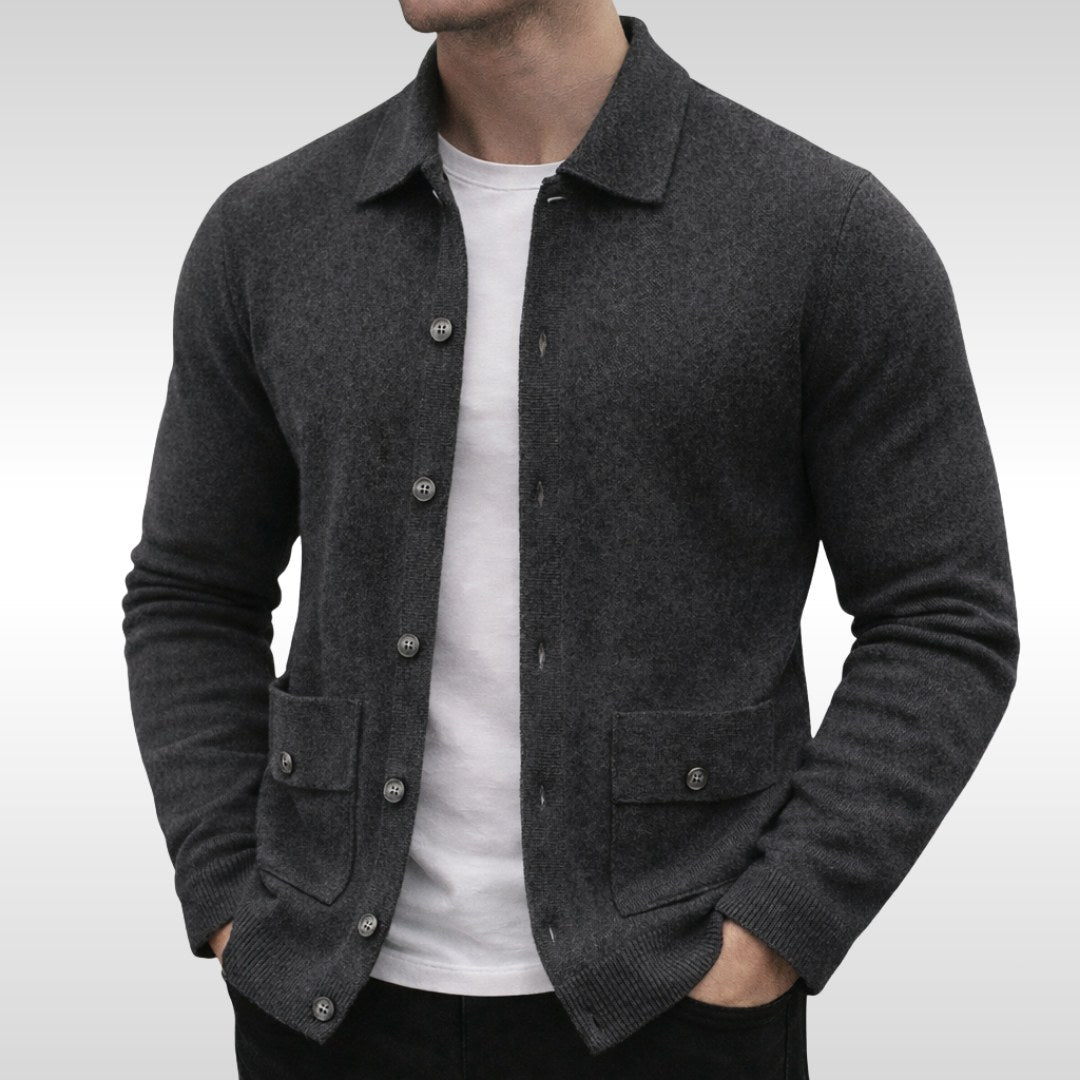 Owen | Men's Knit Cardigan, Finely Textured Layer Cardigan | Bella Blue | Grey