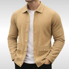 Owen | Men's Knit Cardigan, Finely Textured Layer Cardigan | Bella Blue | Golden Sand
