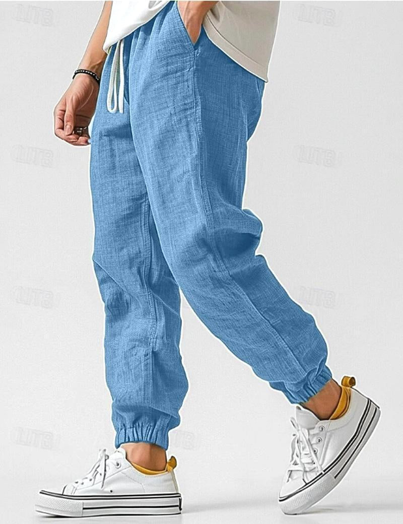 Owen | Men's Linen Relaxed Fit Jogger Trousers, Tapered Ankle Trousers | Bella Blue | Blue
