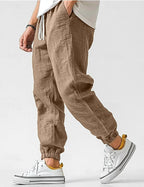 Owen | Men's Linen Relaxed Fit Jogger Trousers, Tapered Ankle Trousers | Bella Blue | Khaki