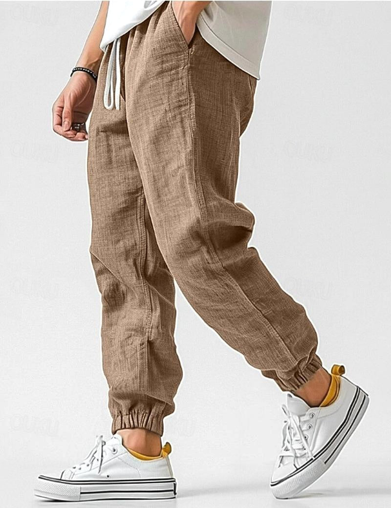 Owen | Men's Linen Relaxed Fit Jogger Trousers, Tapered Ankle Trousers | Bella Blue | Khaki