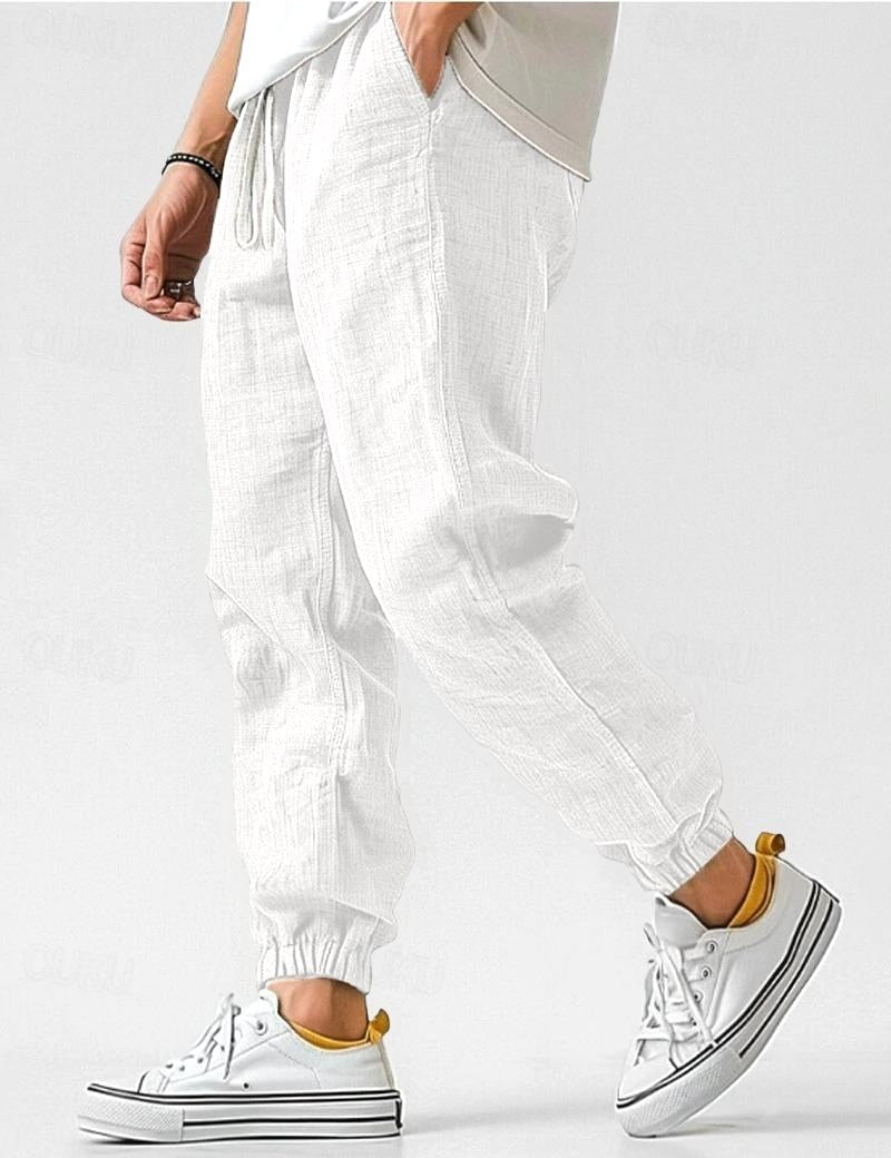 Owen | Men's Linen Relaxed Fit Jogger Trousers, Tapered Ankle Trousers | Bella Blue | White