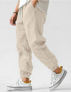 Owen | Men's Linen Relaxed Fit Jogger Trousers, Tapered Ankle Trousers | Bella Blue | Beige