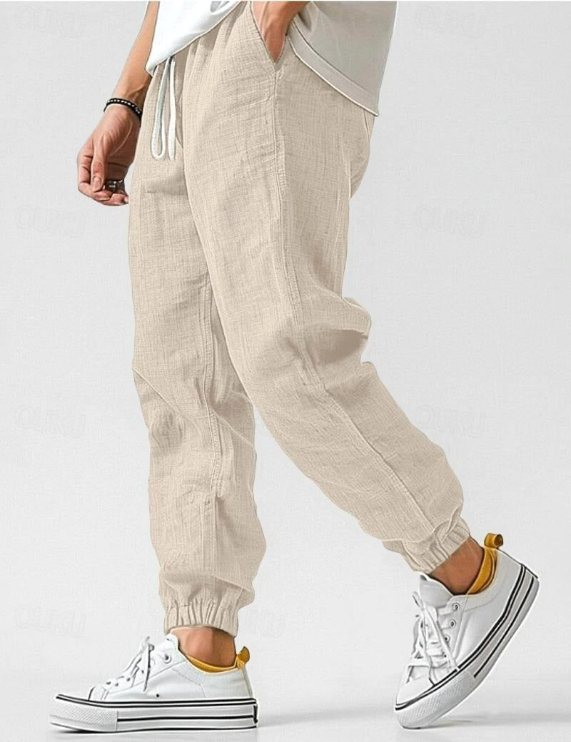 Owen | Men's Linen Relaxed Fit Jogger Trousers, Tapered Ankle Trousers | Bella Blue | Beige