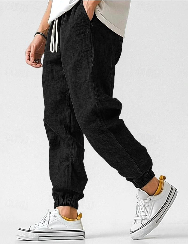 Owen | Men's Linen Relaxed Fit Jogger Trousers, Tapered Ankle Trousers | Bella Blue | Black