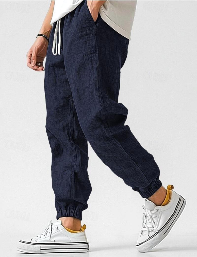 Owen | Men's Linen Relaxed Fit Jogger Trousers, Tapered Ankle Trousers | Bella Blue | Navy