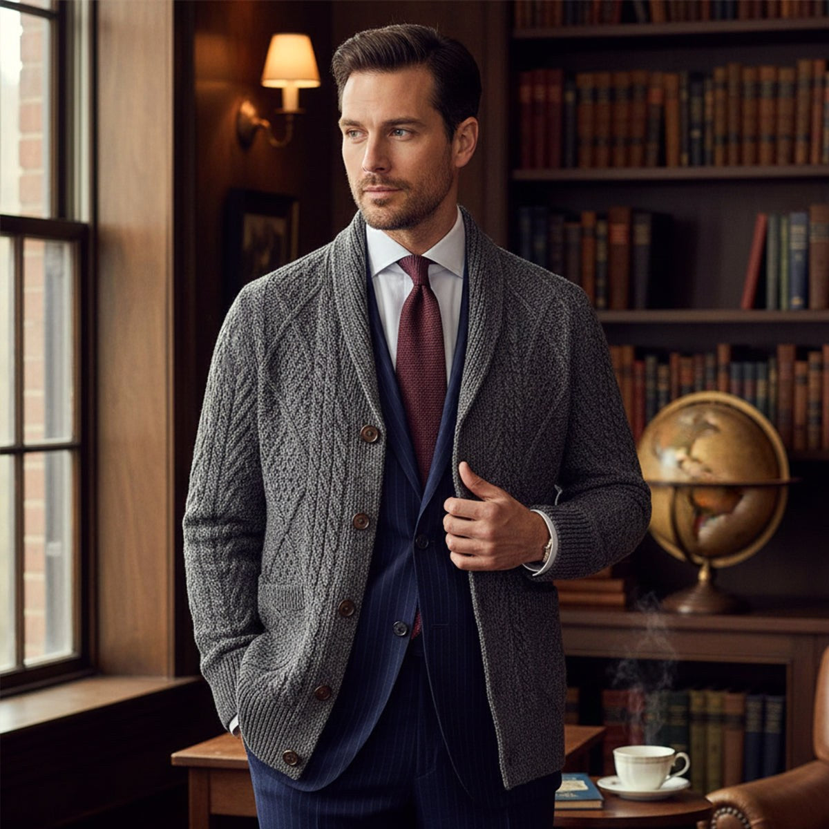 Parker | Men's Cashmere Cardigan, Relaxed Fit Knit Jumper | Bella Blue