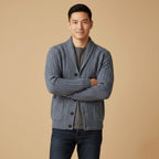 Parker | Men's Cashmere Cardigan, Relaxed Fit Knit Jumper | Bella Blue | Beige