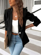 Pauline | Women's Tailored Blazer with Notched Lapel, Single-Button Workwear Blazer | Bella Blue | Black