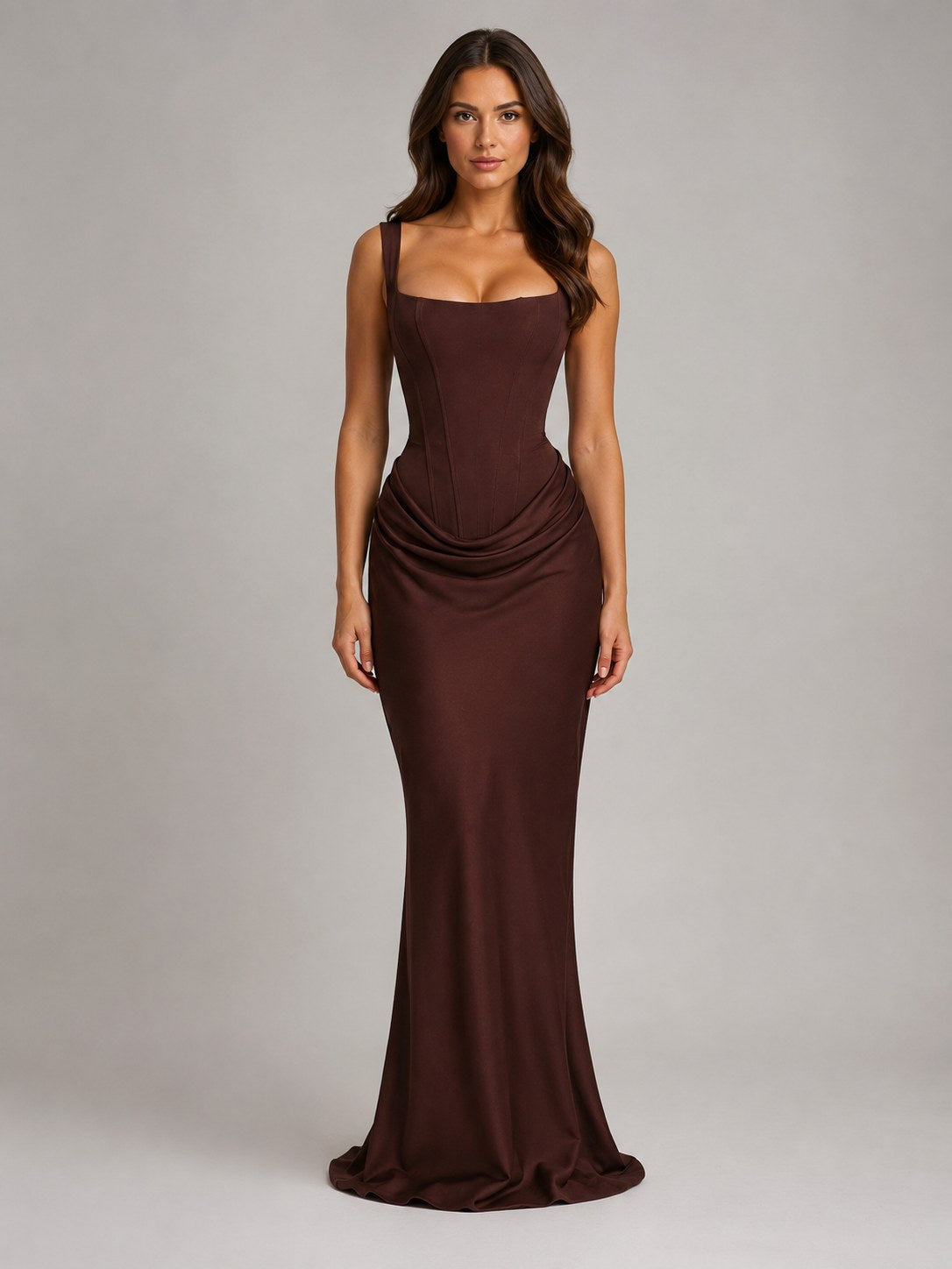 Penelope | Women's Bodycon Draped Corset Maxi Dress, Sculpted Silhouette Evening Dress | Bella Blue | Brown