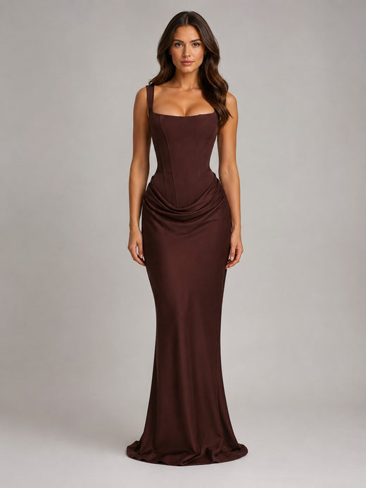 Penelope | Women's Bodycon Draped Corset Maxi Dress, Sculpted Silhouette Evening Dress | Bella Blue | Brown