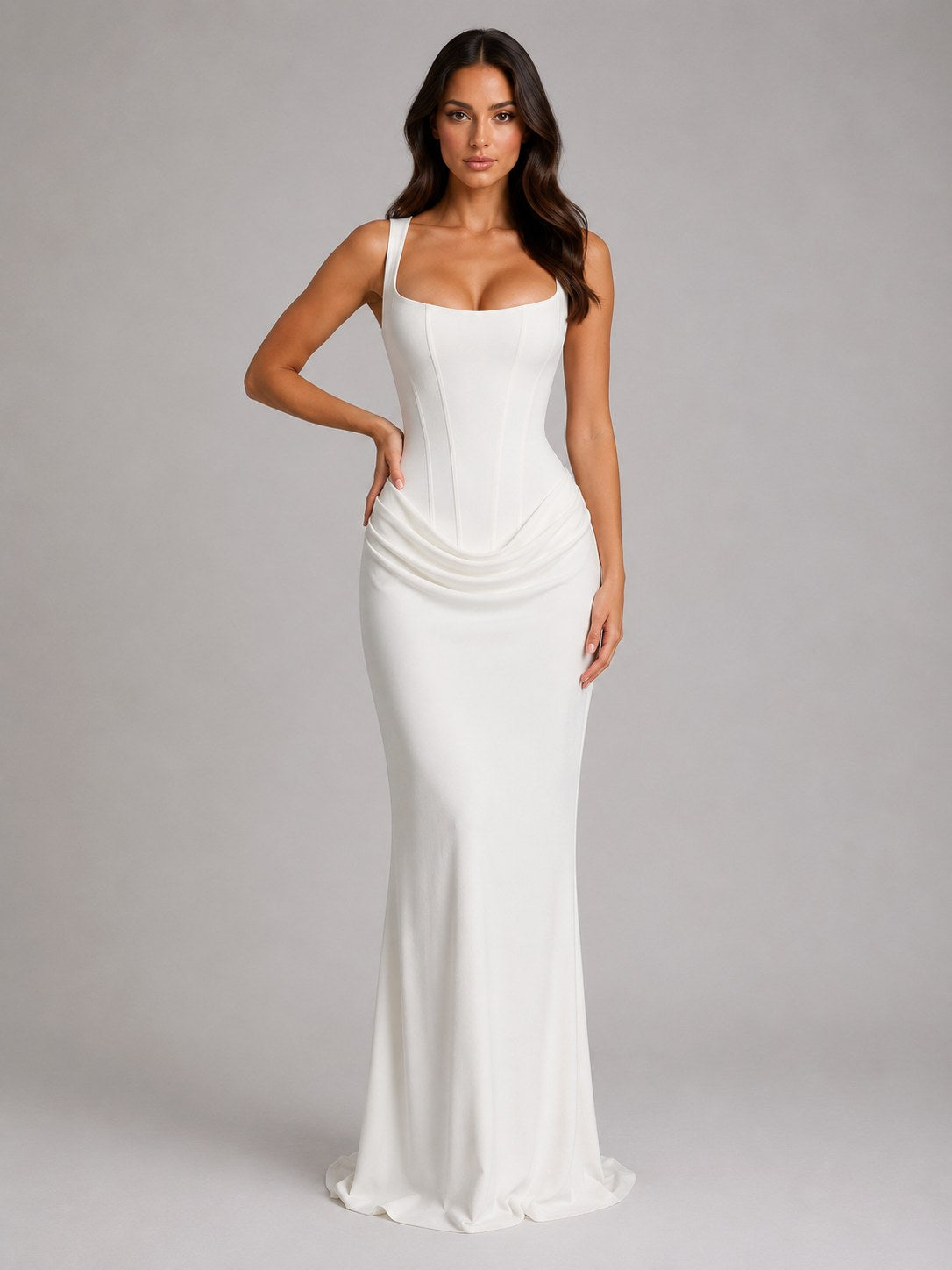Penelope | Women's Bodycon Draped Corset Maxi Dress, Sculpted Silhouette Evening Dress | Bella Blue