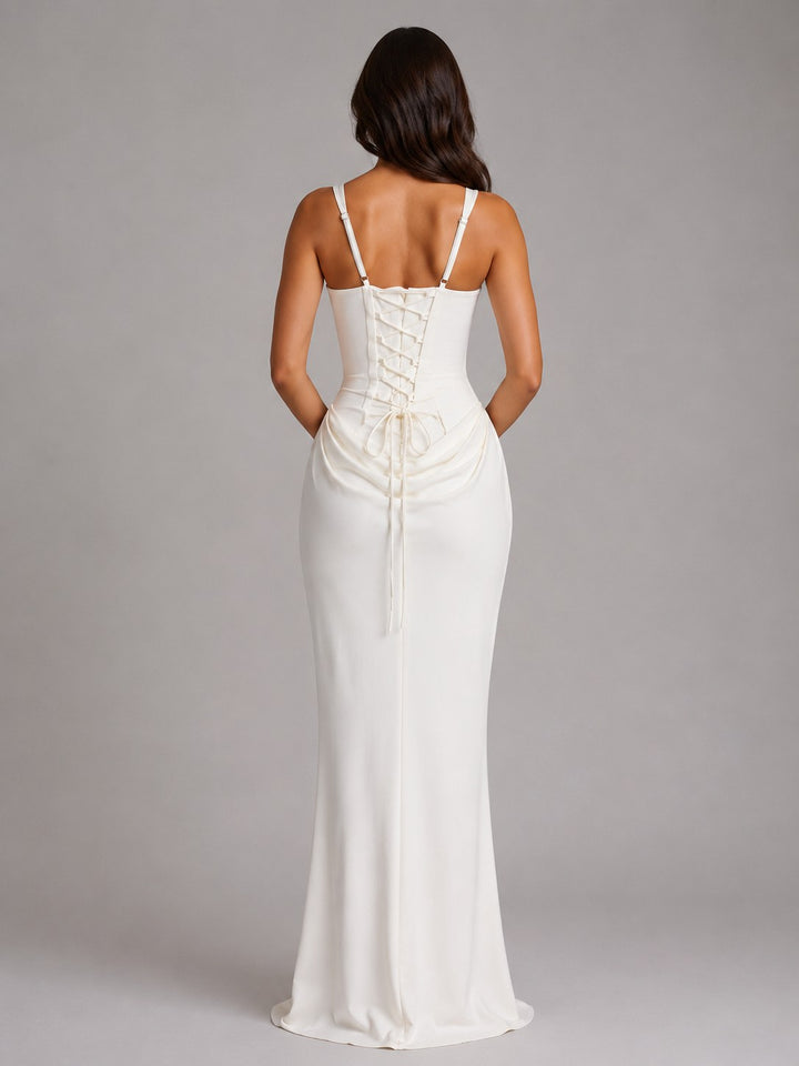 Penelope | Women's Bodycon Draped Corset Maxi Dress, Sculpted Silhouette Evening Dress | Bella Blue