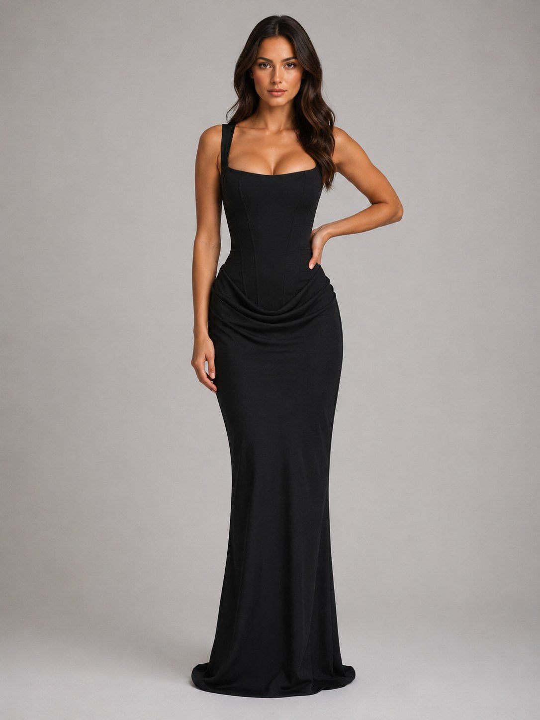 Penelope | Women's Bodycon Draped Corset Maxi Dress, Sculpted Silhouette Evening Dress | Bella Blue